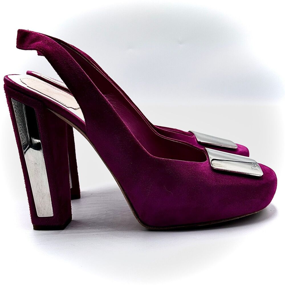 Vintage Christian Dior Suede Magenta Slingback Platform Heels Size 39.5